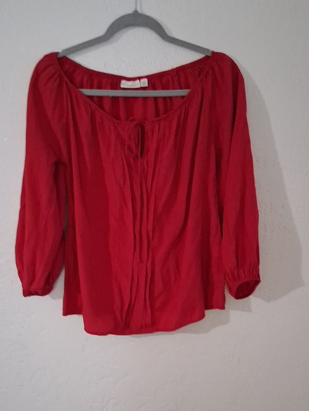 Red Peasant Blouse with Tie-Front Detail statement bold comfortable versatile